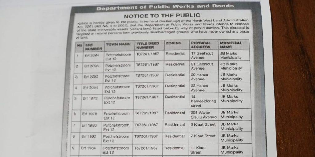 J.B. Marks-munisipaliteit verkoop erwe in Potchefstroom